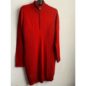 Marc NY Womens Wool Knit Red Ribbed Long Sleeved Sweater Dress 1/4Zip Size Large